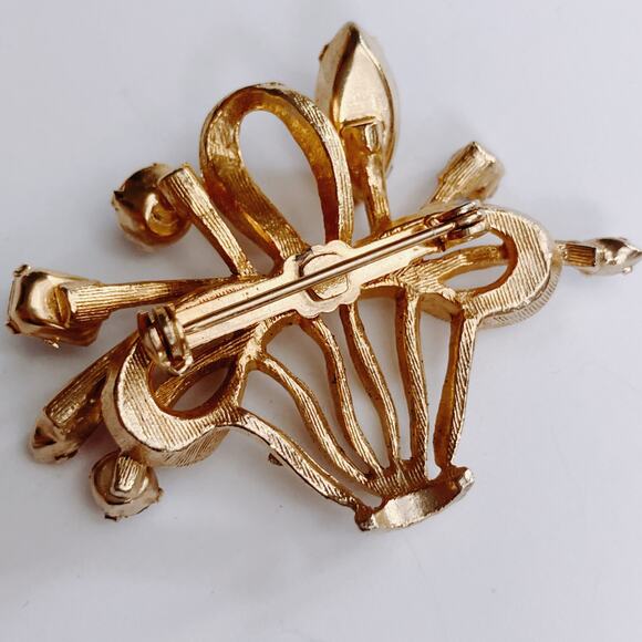 Vintage Mid Century Floral Basket Brooch Gold Tone Rhinestone 1950s 1960s - Picture 8 of 10